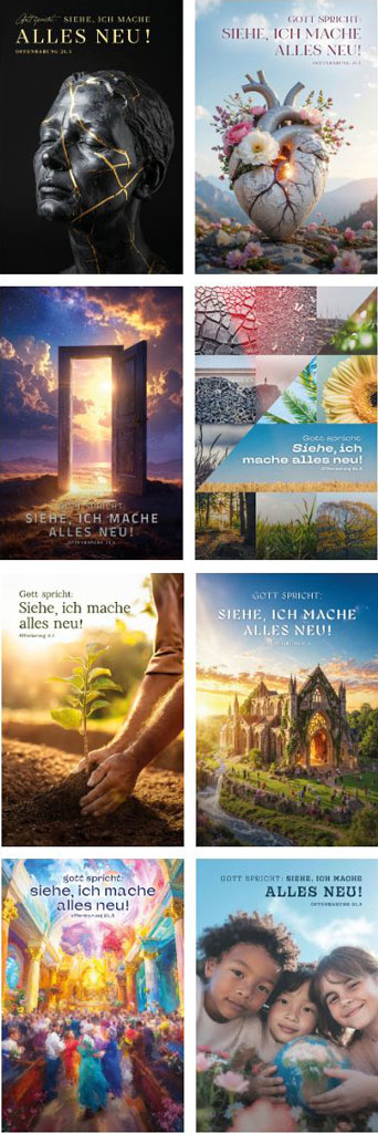 Jedes Motiv zeigt: Gott macht alles neu – im Inneren, in der Natur, in der Gemeinschaft und in der Welt. 1. Das zerbrochene Gesicht mit Gold:
Ein dunkles, gespaltenes Gesicht wird durch goldene Linien heilend zusammengefügt – ein Bild für die Erneuerung von Leid und Bruch durch Gottes Gnade, wie im Kintsugi-Stil.
2. Das blühende Herz:
Ein steinernes Herz, das von Blumen überwuchert ist und warmes Licht ausstrahlt, symbolisiert die innere Erneuerung der Liebe und des Gefühlslebens durch Gott.
3. Die offene Tür zum Licht:
Eine Tür öffnet sich zu einem strahlenden Sonnenuntergang über dem Meer – ein Zeichen für den Neuanfang, den Gott schenkt, wenn alte Wege enden und neue Hoffnung beginnt.
4. Die Natur-Collage:
Eine Mosaik-Komposition aus Landschaft, Sonnenblume, Wald und Struktur erinnert daran, dass Gott nicht nur Seelen, sondern auch die ganze Schöpfung erneuert.
5. Die pflanzende Hand:
Zarte Hände setzen einen jungen Spross in die Erde – ein lebendiges Symbol dafür, dass Gott neues Leben wachsen lässt, wo wir es am wenigsten erwarten.
6. Die leuchtende Kirche:
Eine gotische Kathedrale im goldenen Abendlicht steht für die Erneuerung der Gemeinschaft und des Glaubens – ein Ort, wo Vergangenheit und Zukunft im Licht Gottes vereint werden.
7. Der farbenfrohe Tempel:
Eine bunte Menschenmenge in einem prächtigen, strahlenden Saal feiert gemeinsam – ein Vorbild für die himmlische Gemeinschaft, die Gott aus Vielfalt neu schafft.
8. Die Kinder mit dem Globus:
Drei lächelnde Kinder halten eine Weltkugel – sie verkörpern die Hoffnung auf eine neue, friedliche Welt, die Gott durch die Zukunftsgenerationen erneuern will.