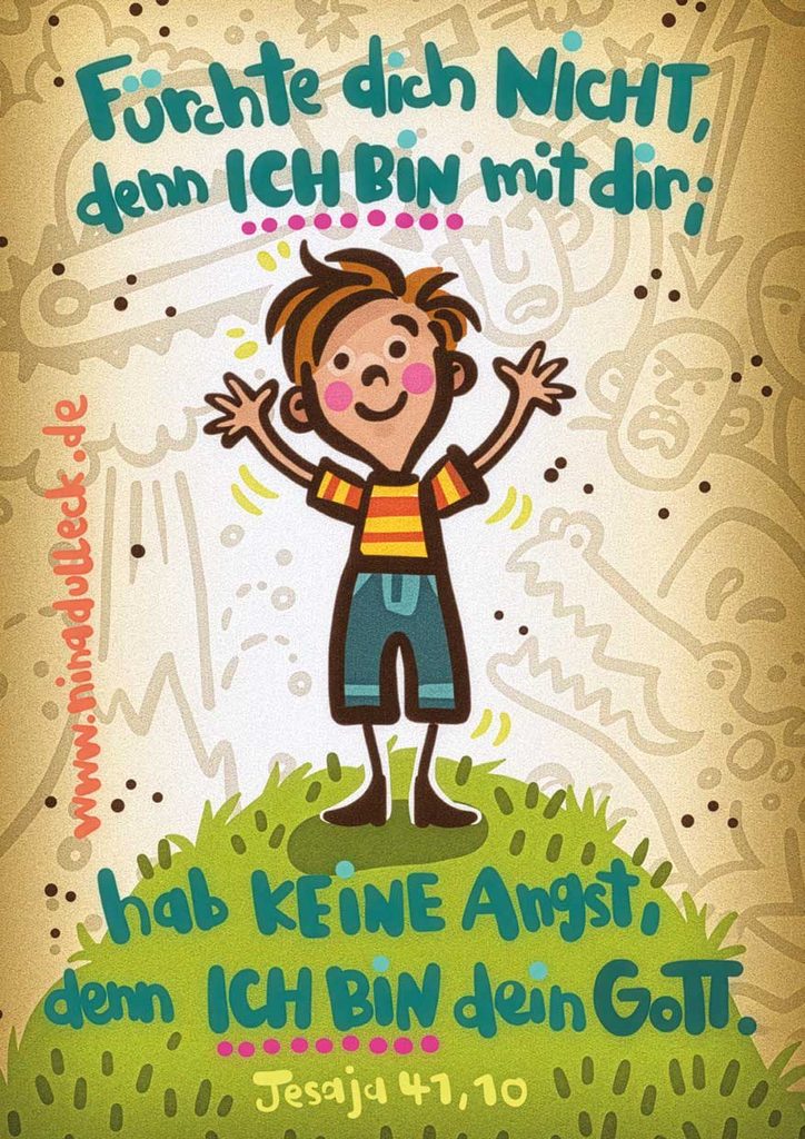 Eine farbenfrohe Cartoon-Illustration von Nina Dulleck (Jahreslosung 2027) zeigt einen strahlenden Jungen auf grüner Wiese, der düstere Schatten vertreibt, ergänzt durch den Bibelvers Jesaja 41,10.